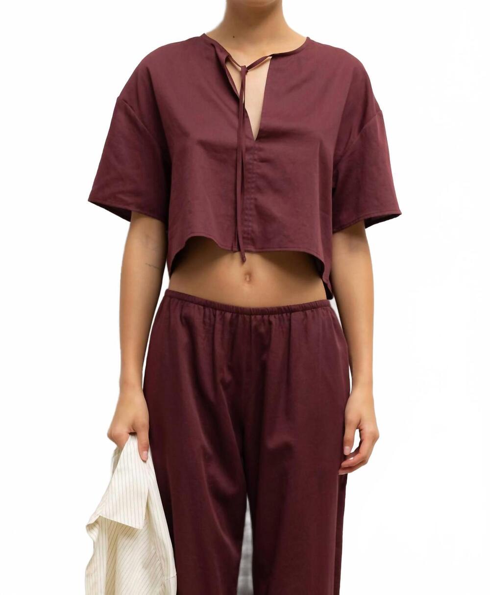 NEW LESET yoko short sleeve tie top in merlot